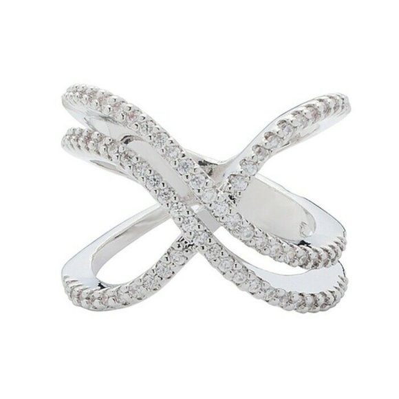 18K White Gold Plated Double X Ring Wrap Crystals by Elements of Love Si… - Picture 1 of 4